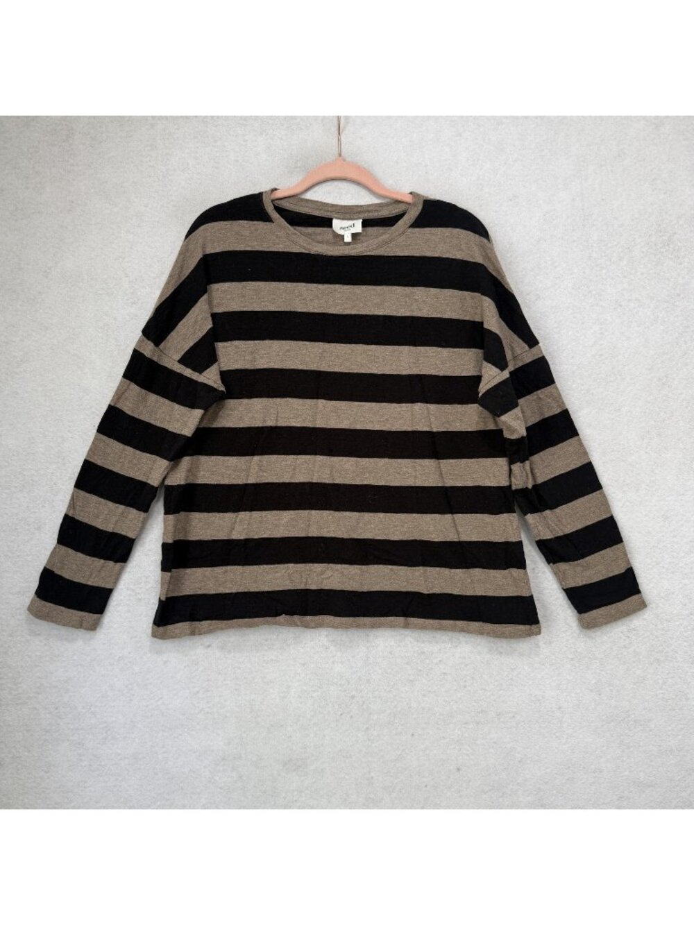 Seed Heritage Shirt Womens L Brown Black Stripe 100% Cotton Long Sleeve Top
